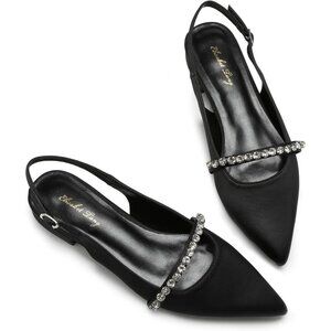 Women Black Satin Polyurethane (PU) Rhinestone Pointed Toe Slingback Flats Shoes